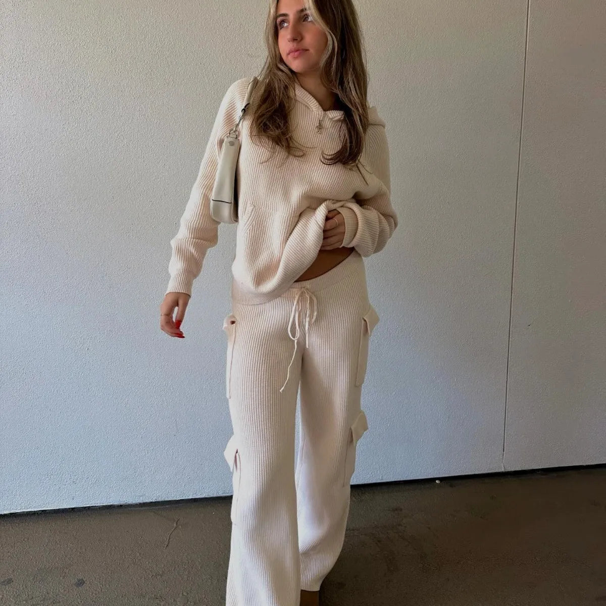 Ladies Hoodie Two Piece Knitted Pure Color Women Sweater Set