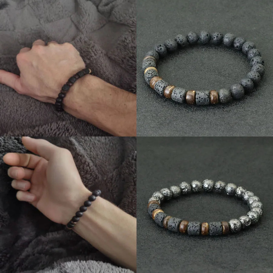 New Mens Wood Bracelet Natural Volcanic Rock Stone Braslet Handmade Prayer Meditation Yoga Braclet Pulsera Madera Hombre Joias