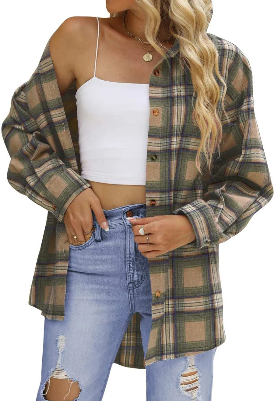 Plaid Flannel Shirts for Women Oversized Long Sleeve Button down Shirts Blouses Tops