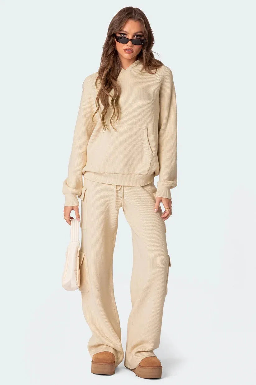Ladies Hoodie Two Piece Knitted Pure Color Women Sweater Set