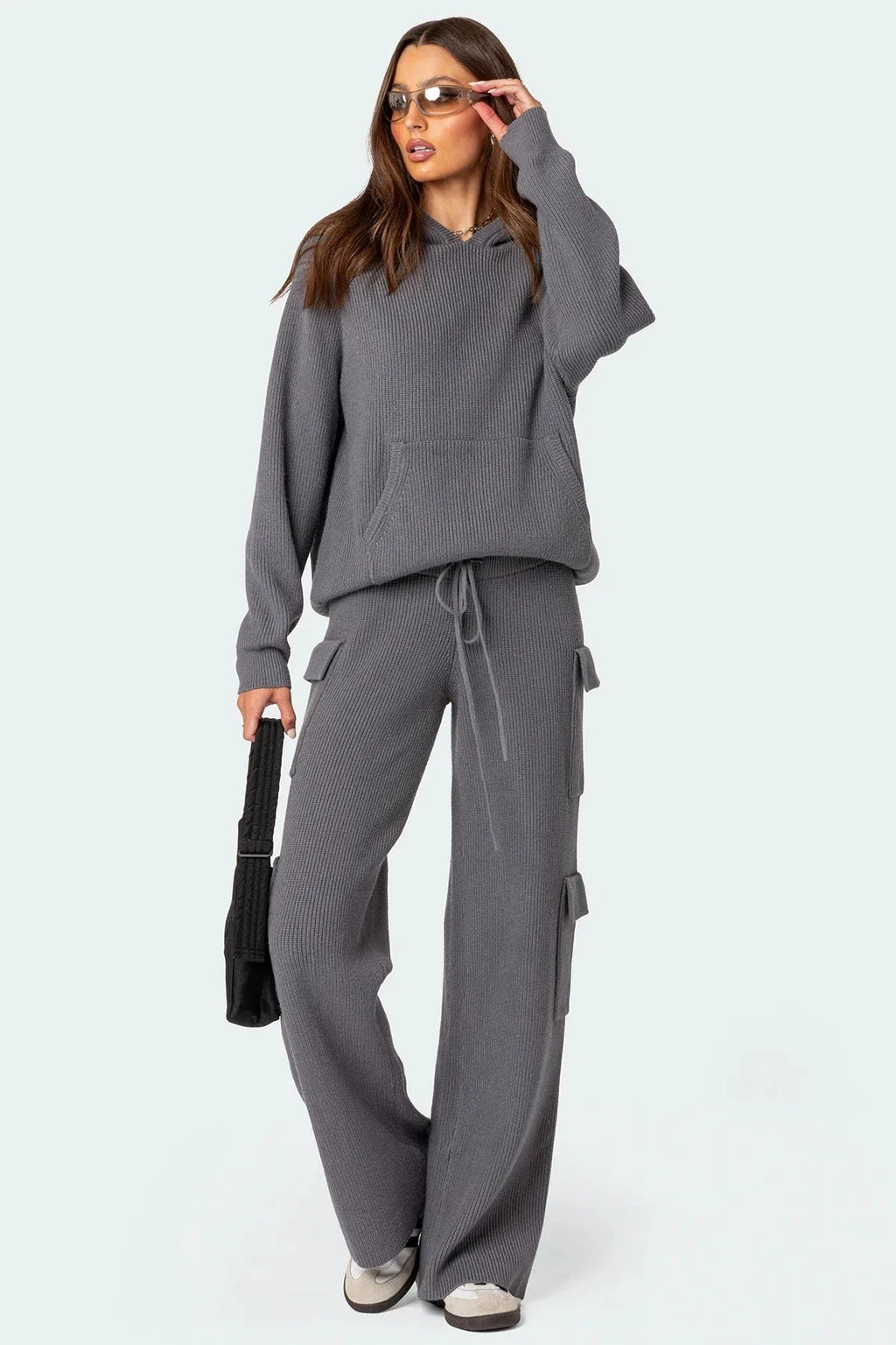 Ladies Hoodie Two Piece Knitted Pure Color Women Sweater Set