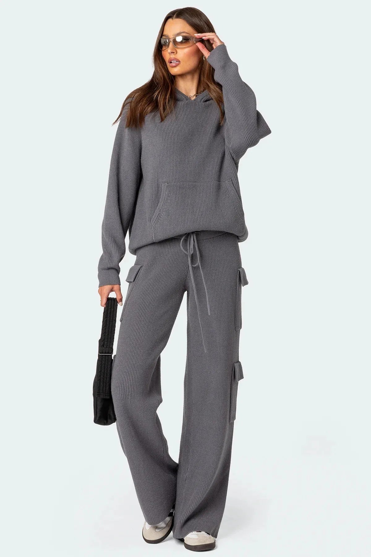 Ladies Hoodie Two Piece Knitted Pure Color Women Sweater Set