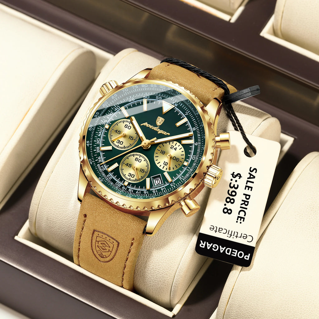 POEDAGAR Reloj de lujo para hombre, de cuarzo, resistente al agua, luminoso, con fecha, cronógrafo de cuero, reloj de pulsera para hombre, relojes deportivos militares para hombre, Reloj