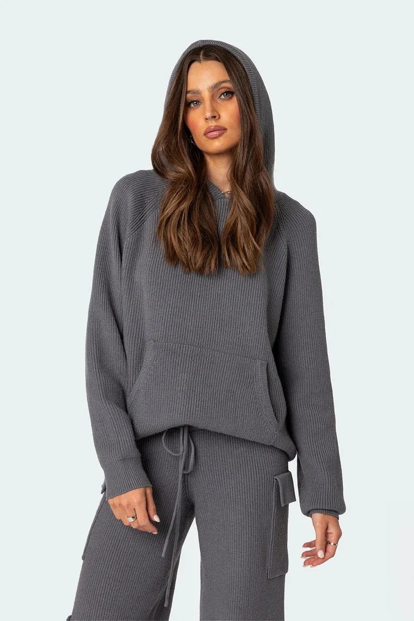 Ladies Hoodie Two Piece Knitted Pure Color Women Sweater Set