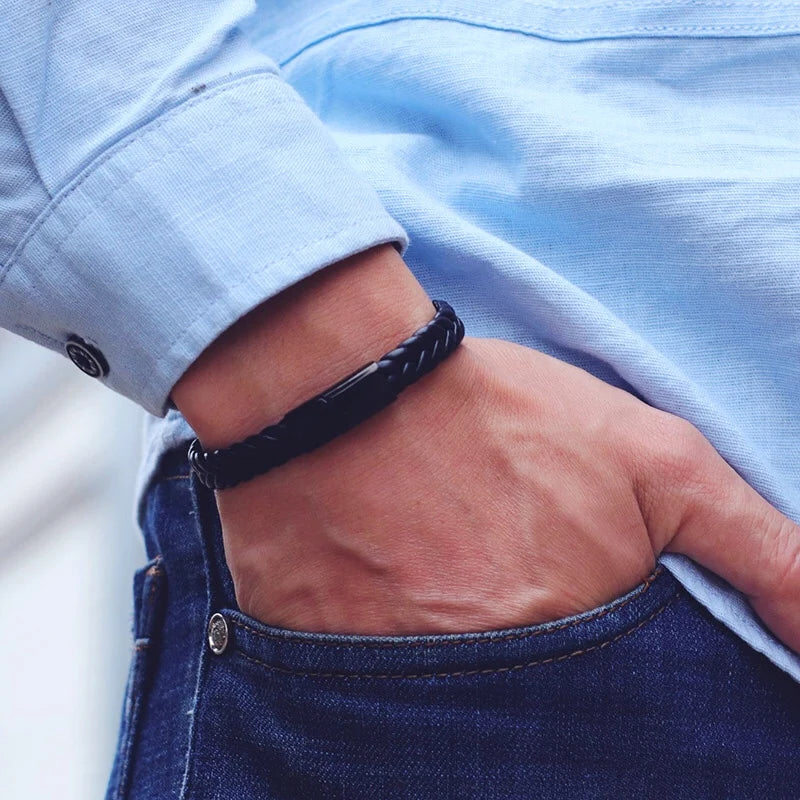 New Men Leather Bracelet Unfading Stainless Steel Braclet for Hombre Surf Cable Braslet Husband Gift Braided Bijoux Homme Joias