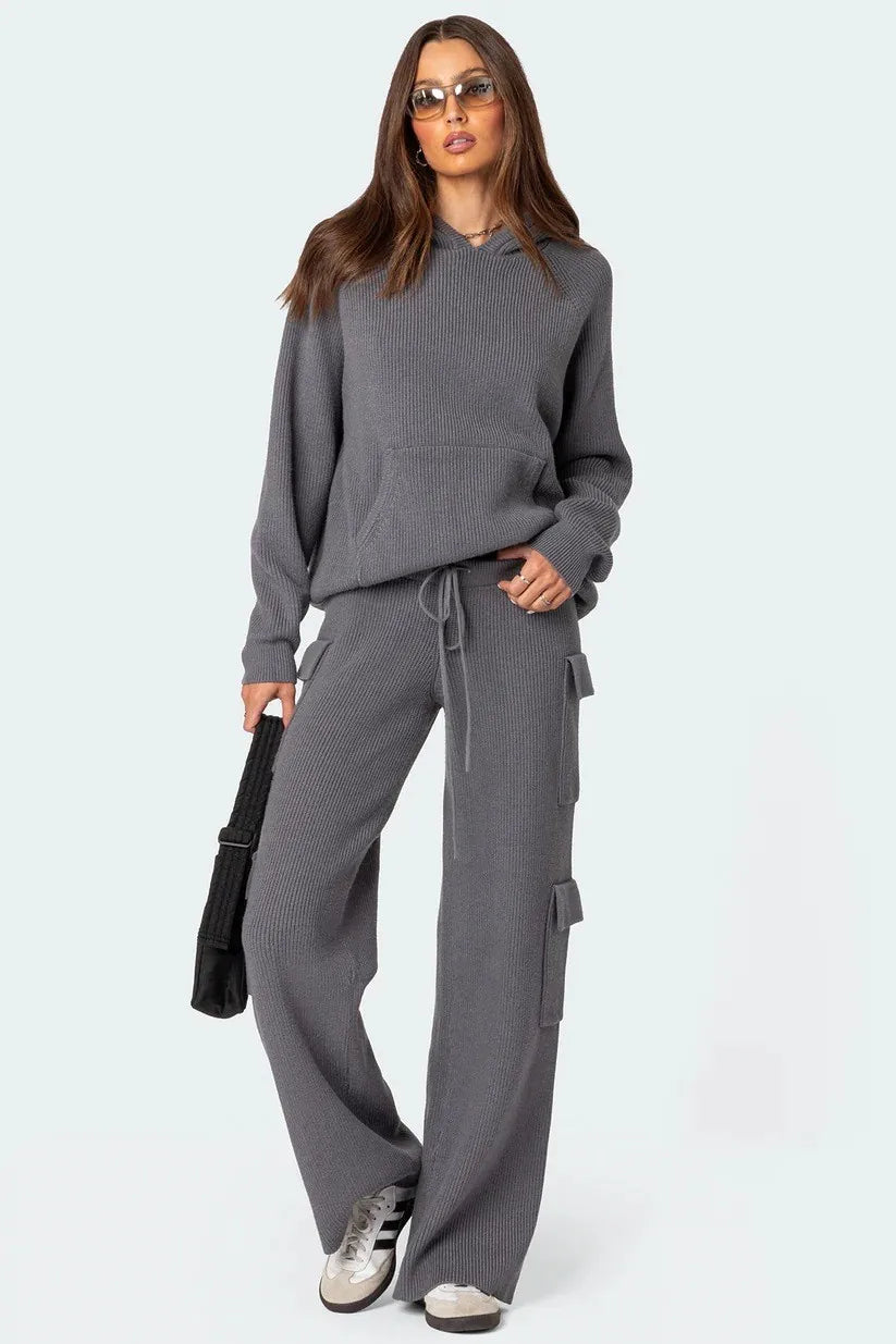 Ladies Hoodie Two Piece Knitted Pure Color Women Sweater Set