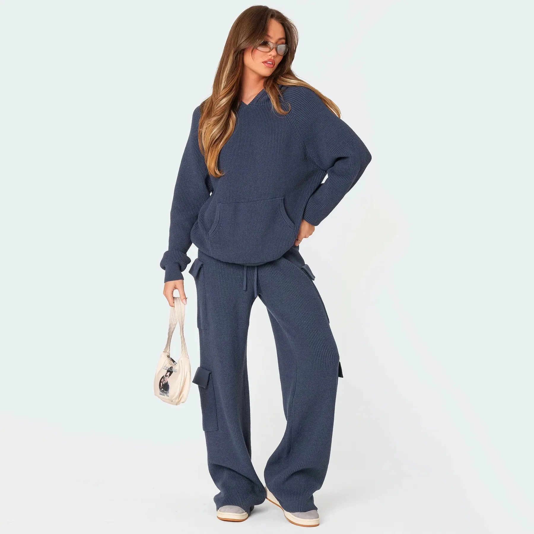 Ladies Hoodie Two Piece Knitted Pure Color Women Sweater Set