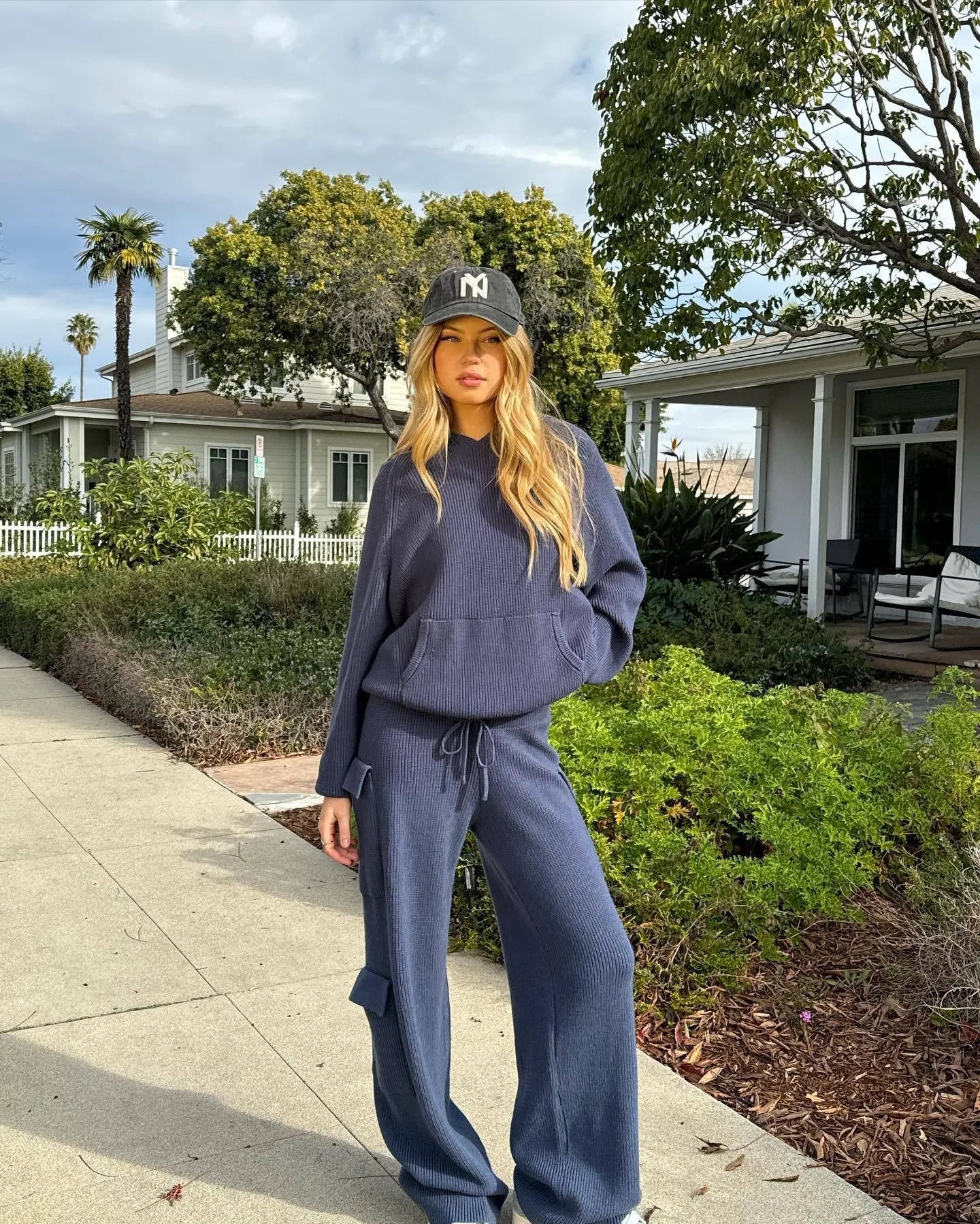Ladies Hoodie Two Piece Knitted Pure Color Women Sweater Set