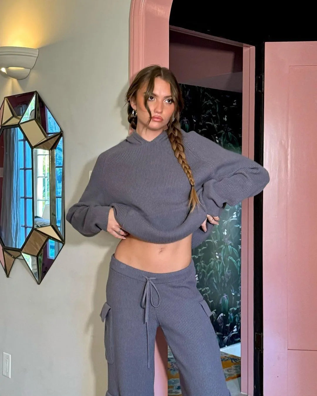 Ladies Hoodie Two Piece Knitted Pure Color Women Sweater Set