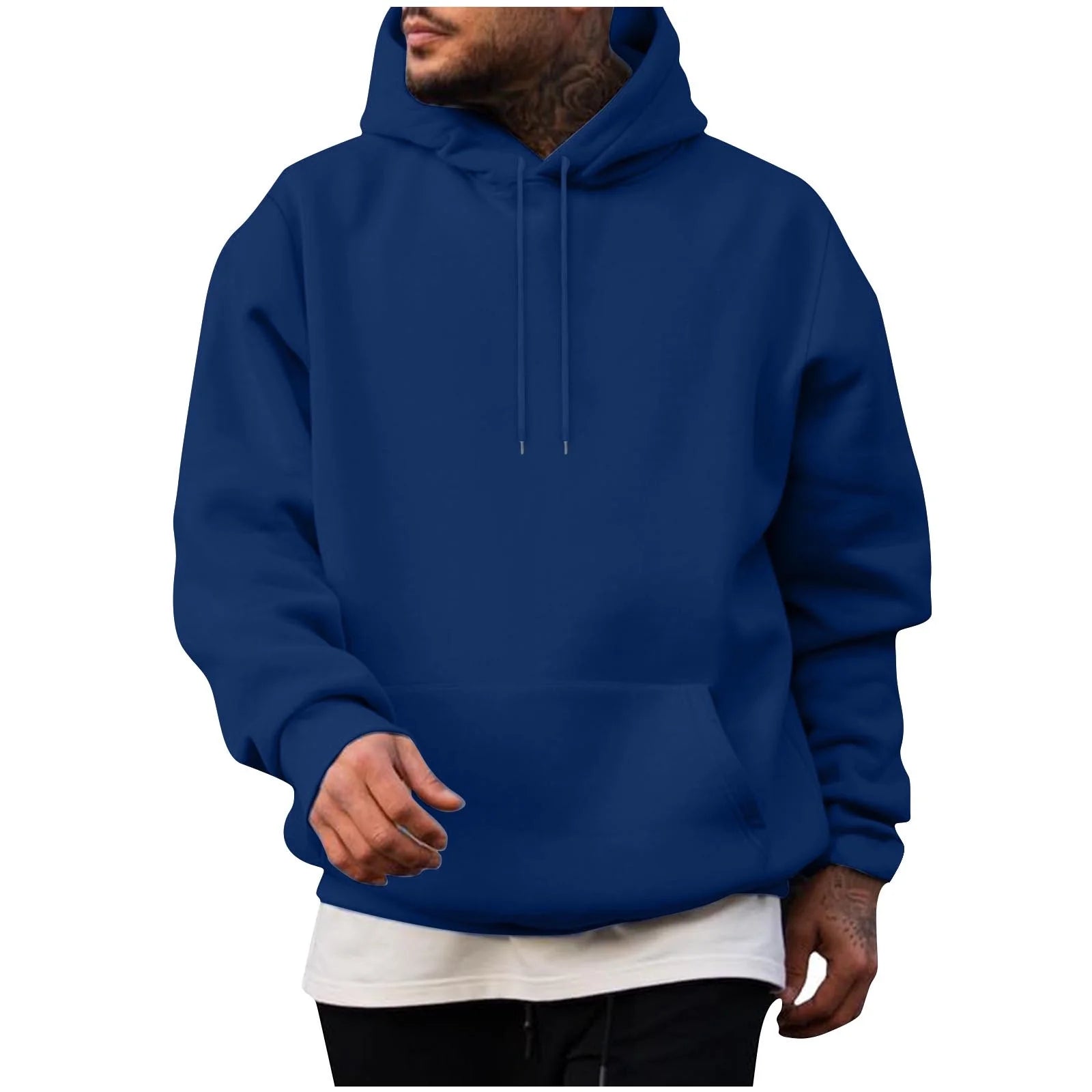 Men Cotton Hoodies Plain Casual Hooded Collar Drawstring Hoodies Pullover Sweatshirts Solid Color Long Sleeve Spring Shirts 2025 Dark Blue,L