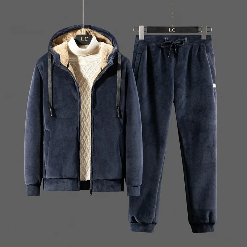 Cashmere Tracksuit Men'S Sets Fleece Thick Hooded Brand Casual Track Suits Men'S Sets Jacket + Pant Warm Fur Winter Sweatshirt